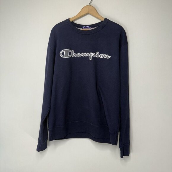 Champion Crew Neck Sweatshirt Pullover Navy Blue Retro Style Men’s Sz Large - Picture 8 of 9